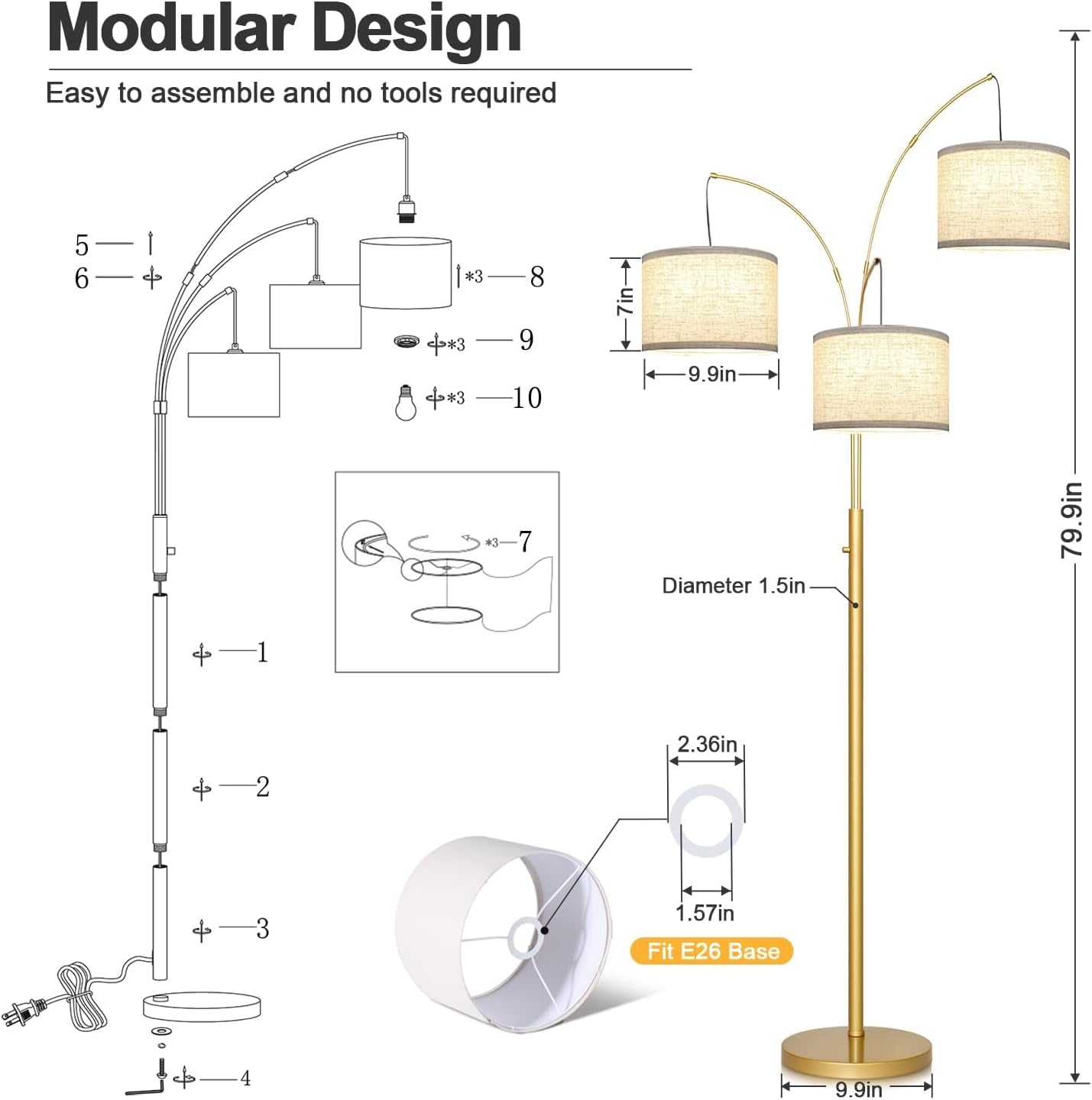Dimmable 3-Light Arc Floor Lamp