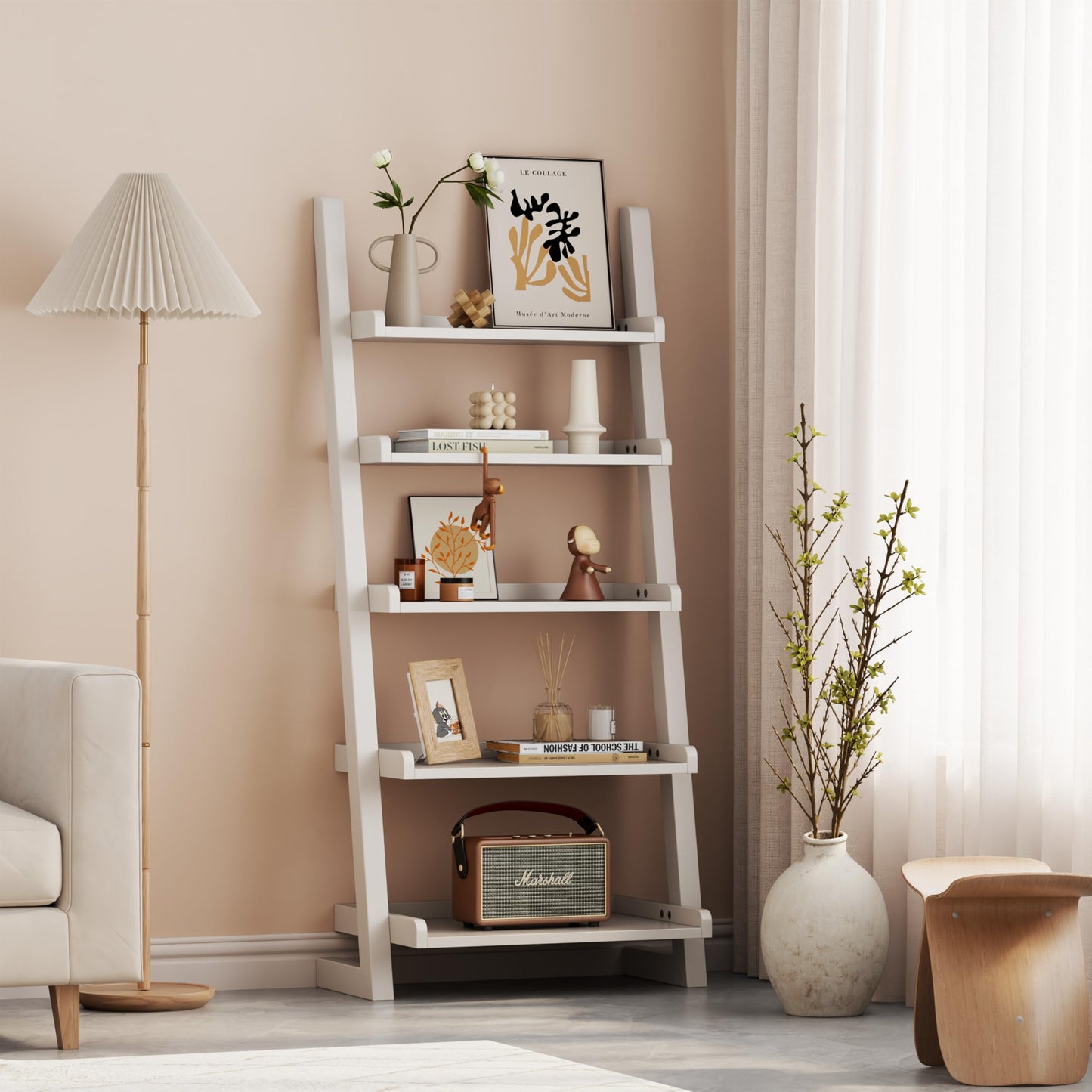 White 5-Tier Wooden Ladder Shelf