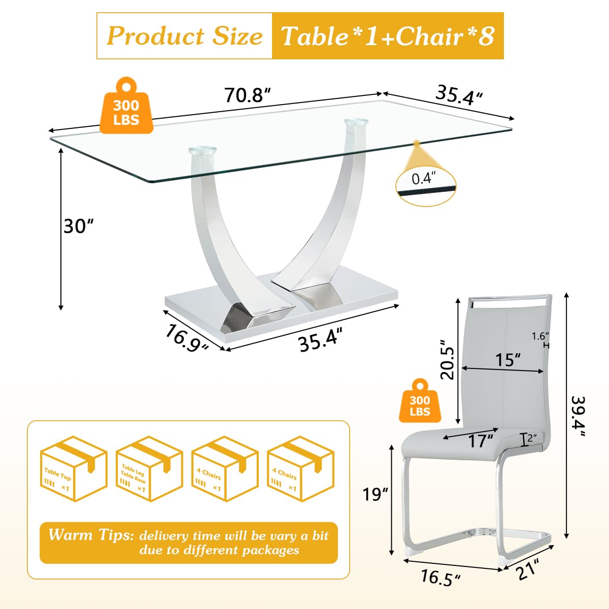 71" Glass Dining Table Set for 6