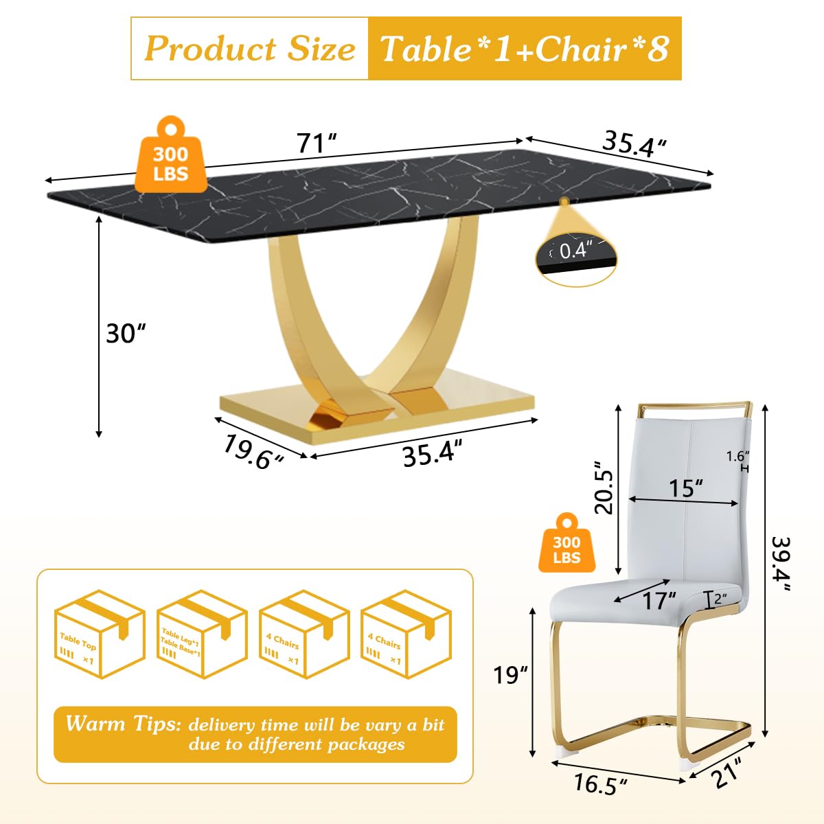 71" Black & Gold Dining Set for 8