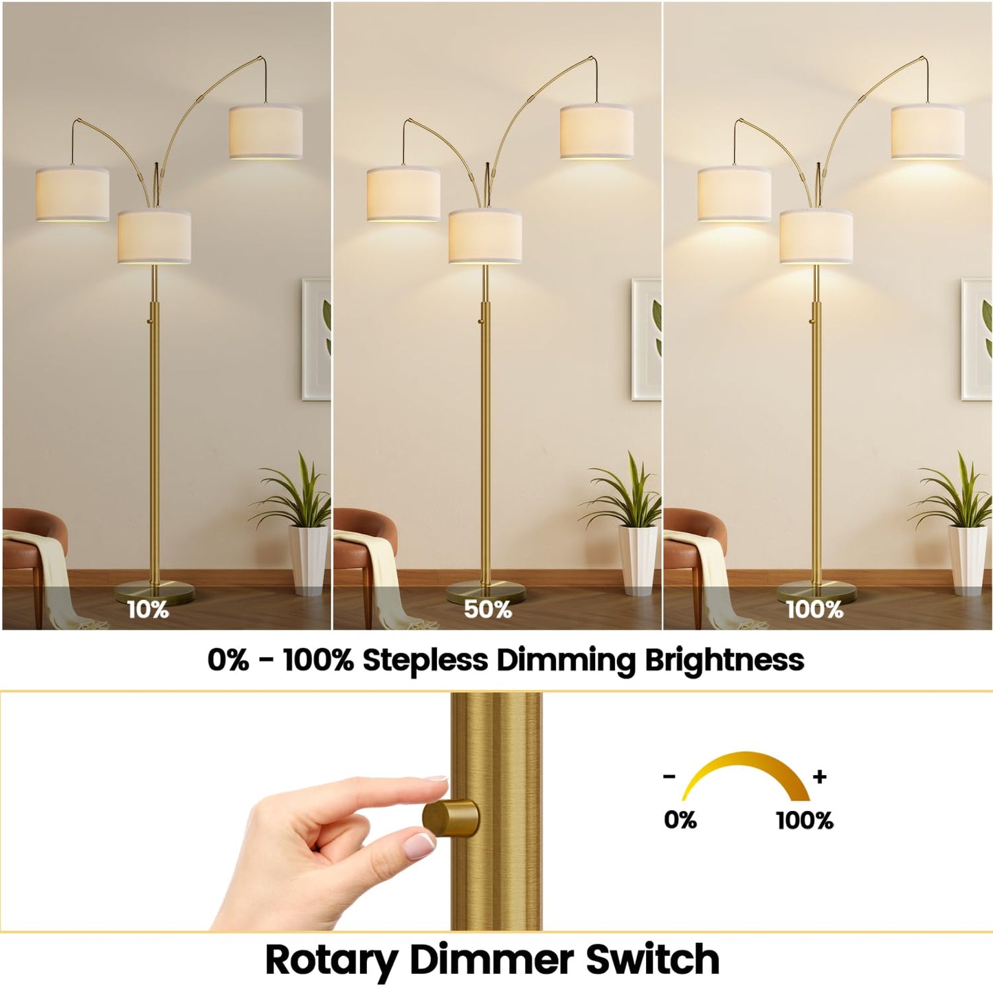 Dimmable 3-Light Arc Floor Lamp