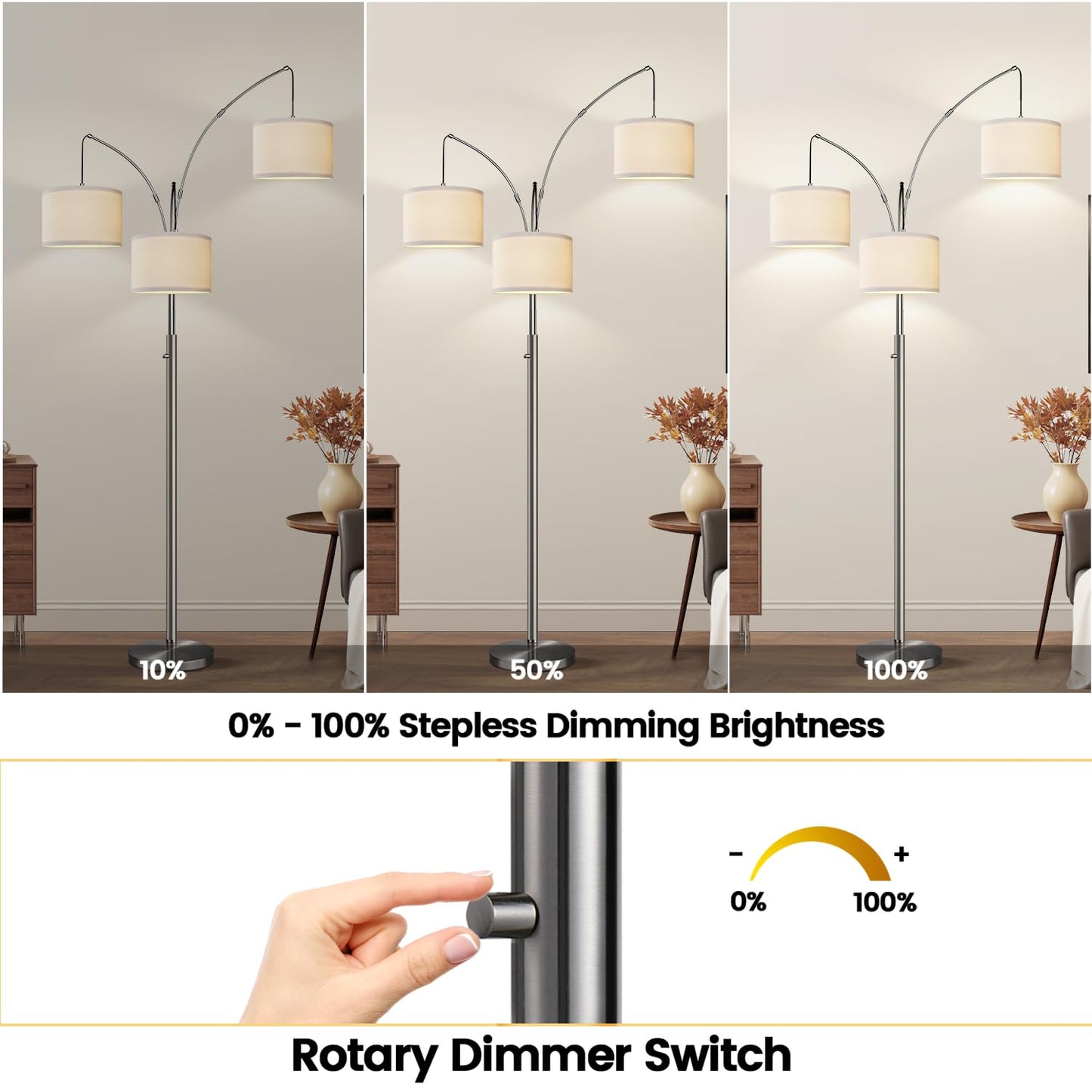 Dimmable 3-Light Arc Floor Lamp