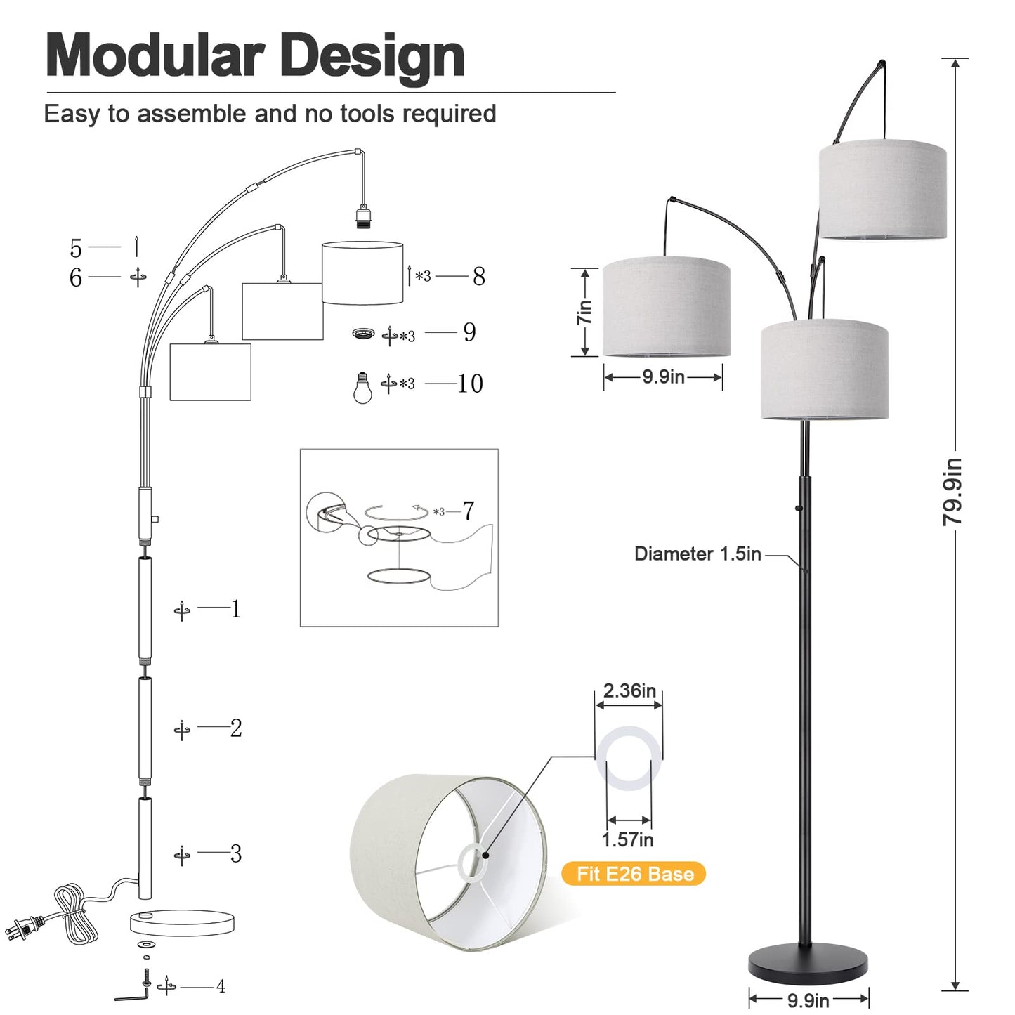 Dimmable 3-Light Arc Floor Lamp