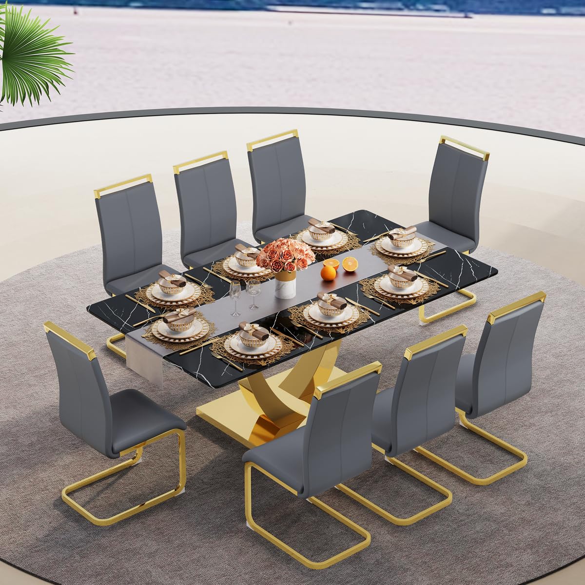71" Black & Gold Dining Set for 8
