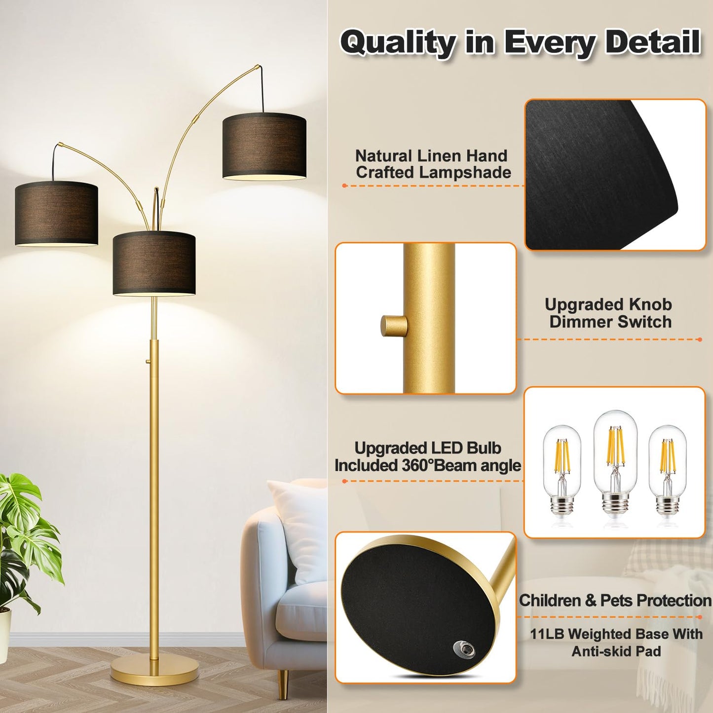 Dimmable 3-Light Arc Floor Lamp