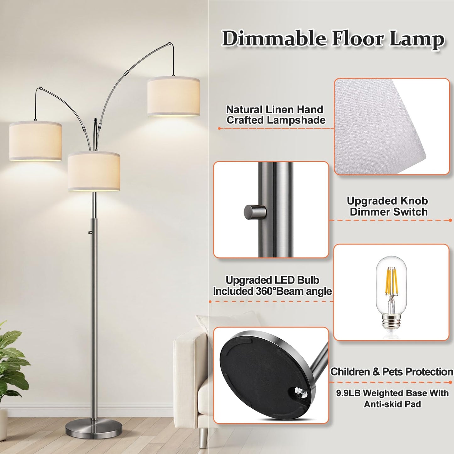 Dimmable 3-Light Arc Floor Lamp