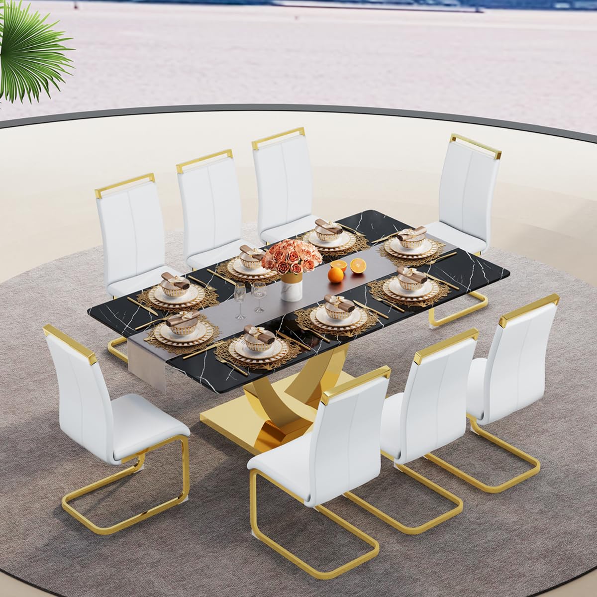 71" Black & Gold Dining Set for 8