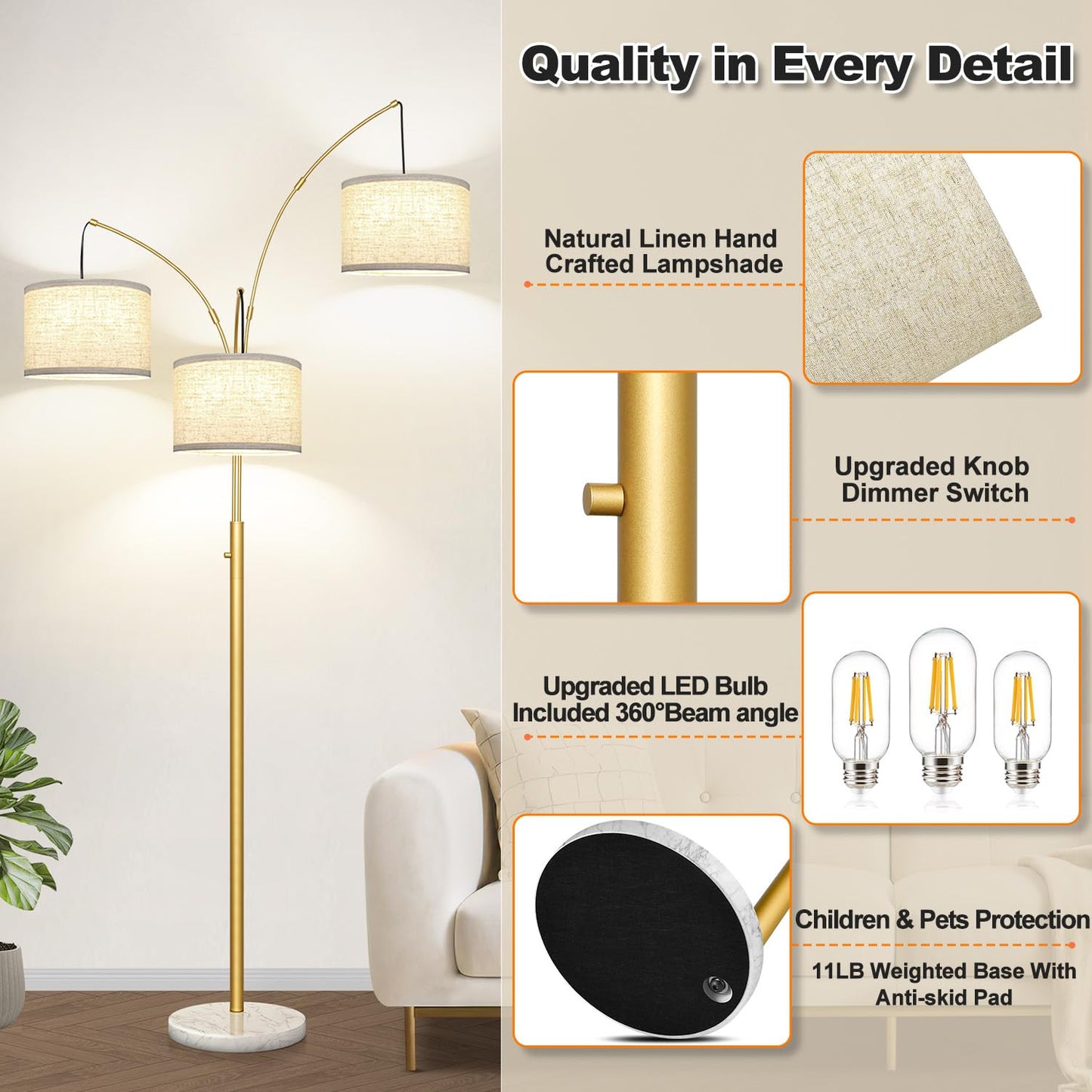 Dimmable 3-Light Arc Floor Lamp