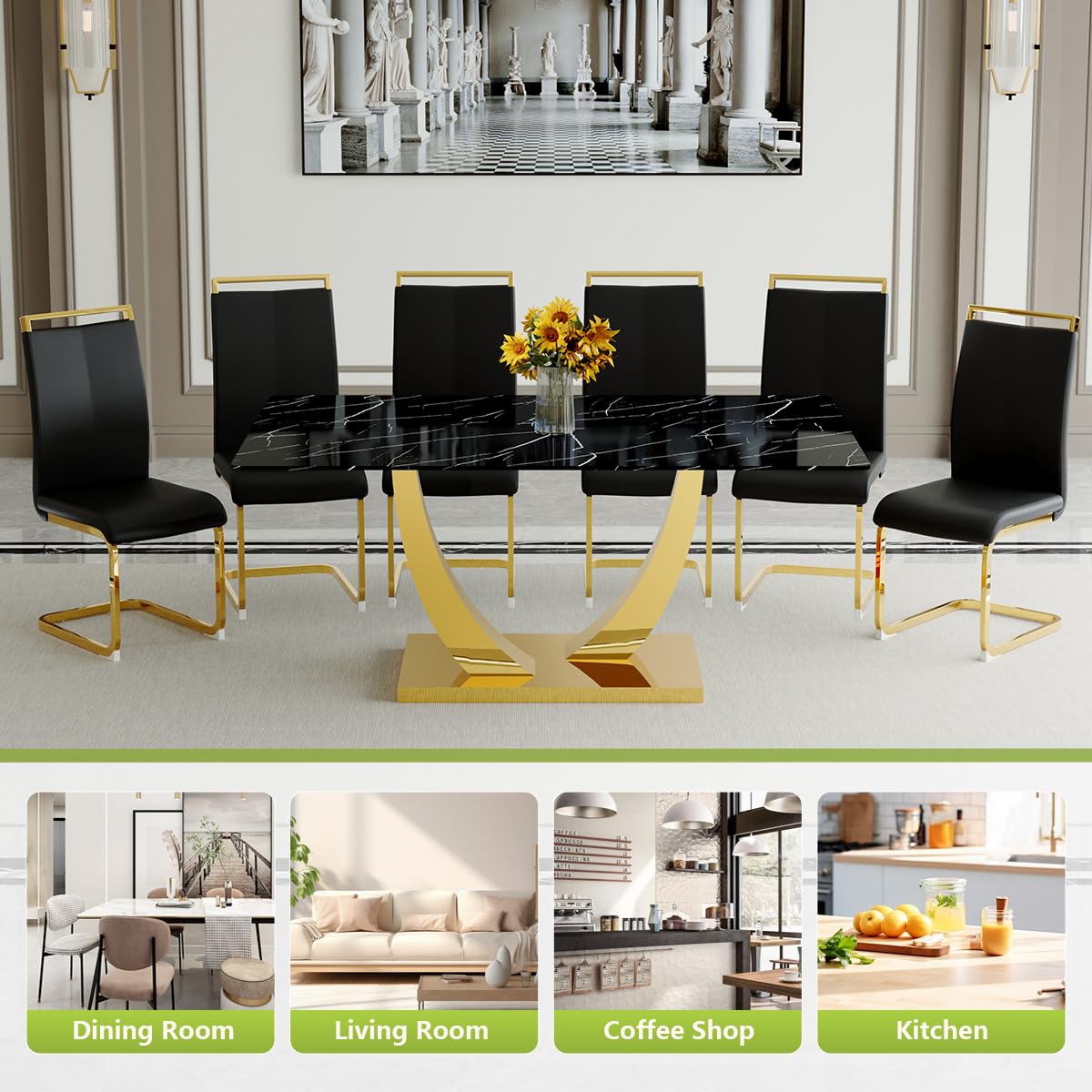 71" Black & Gold Dining Set for 8