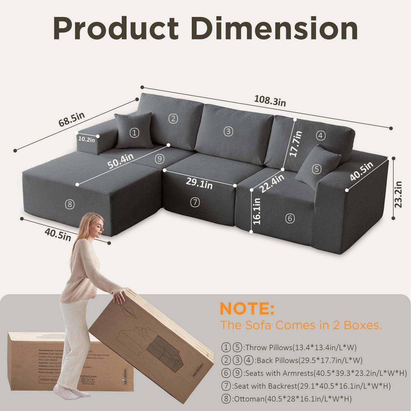 INGEROOM 108" Sectional Sofa – Dark Gray