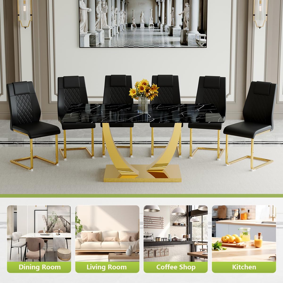 71" Black & Gold Dining Set for 8