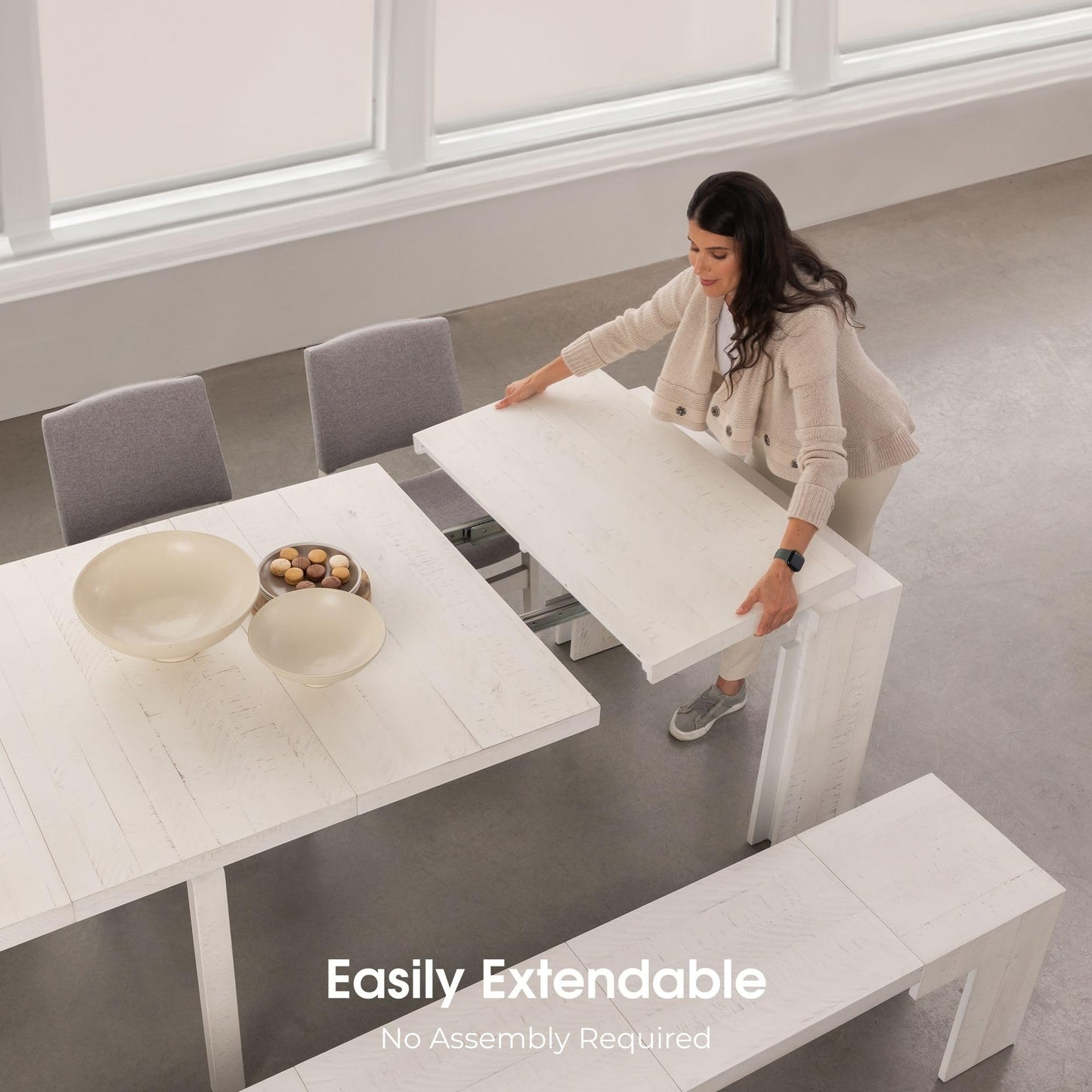 White Extendable Dining Table & Bench