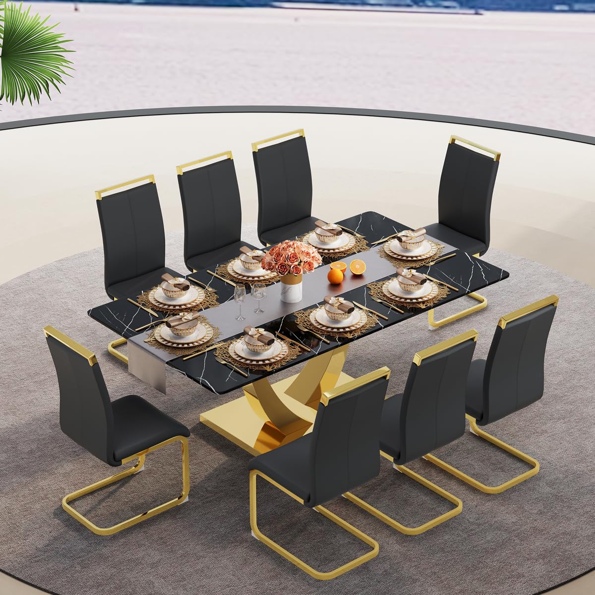 71" Black & Gold Dining Set for 8