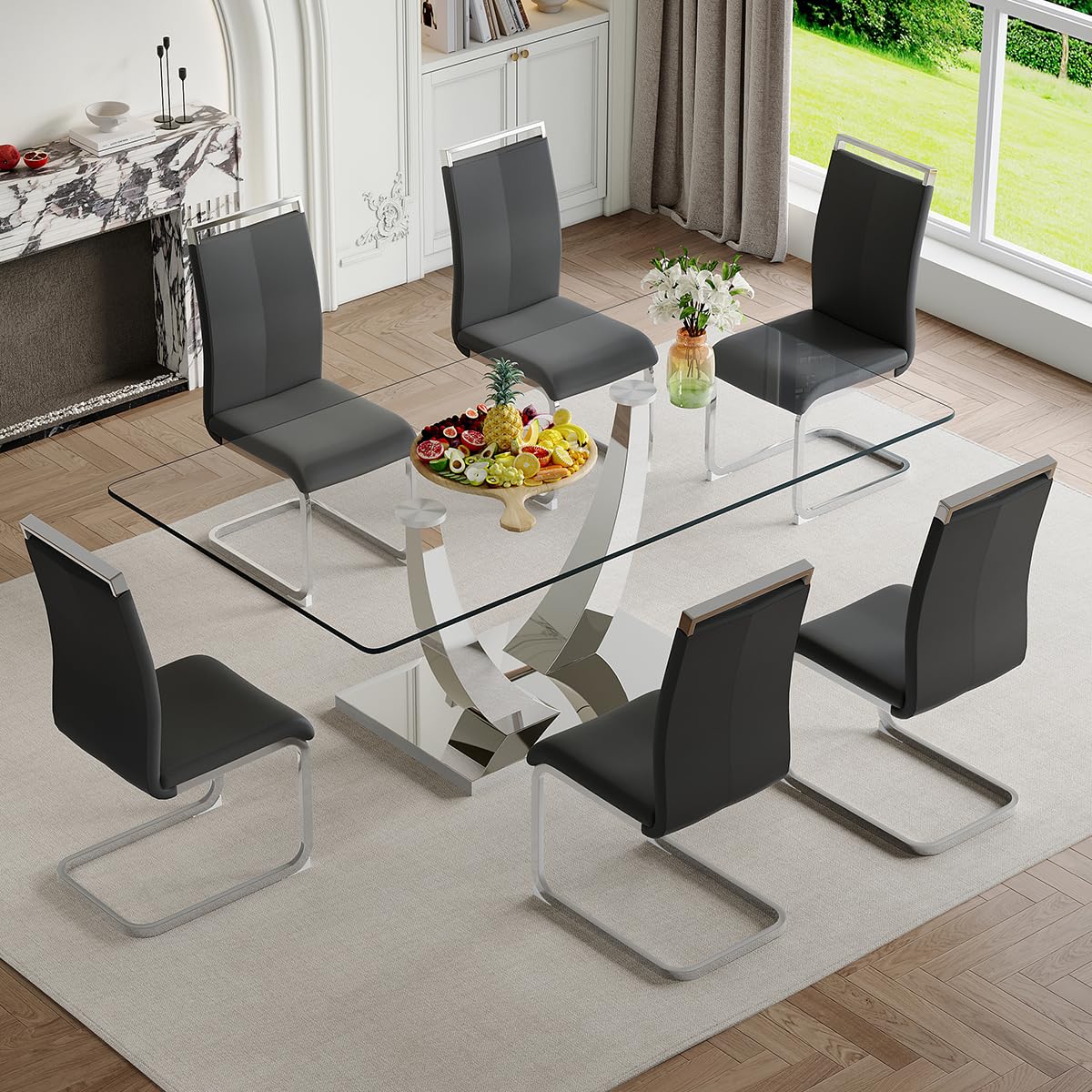 71" Glass Dining Table Set for 6