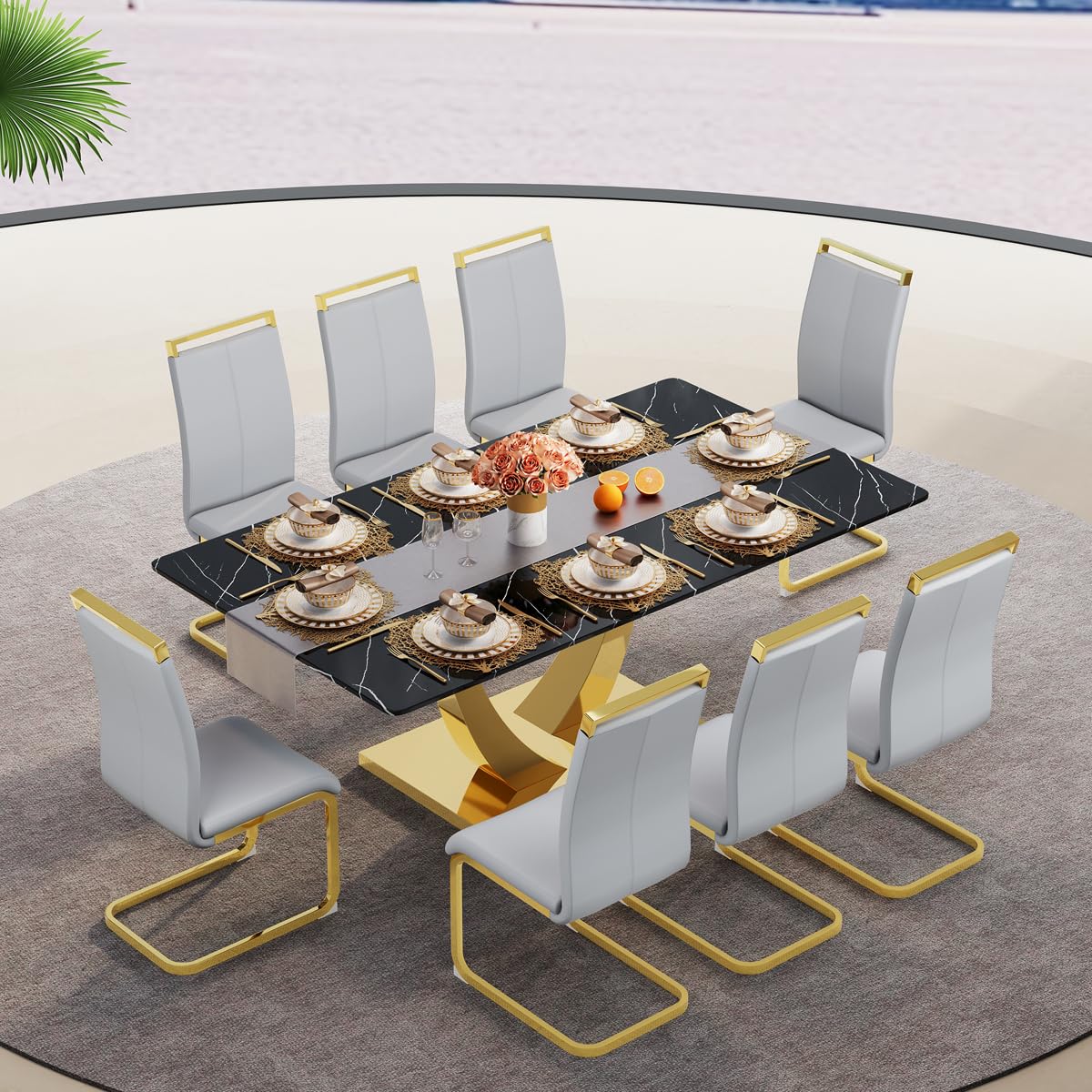 71" Black & Gold Dining Set for 8
