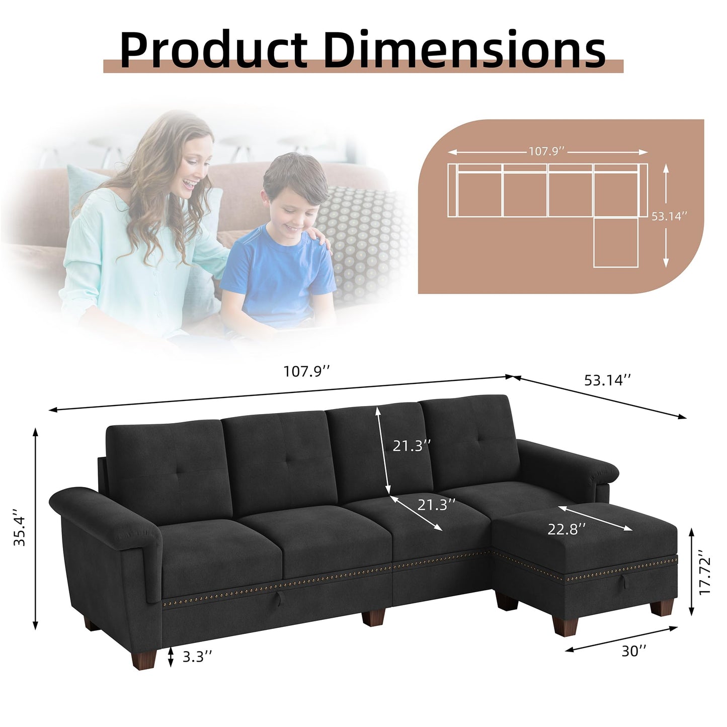 JAMFLY 4-Seat Sectional Sofa – Dark Gray