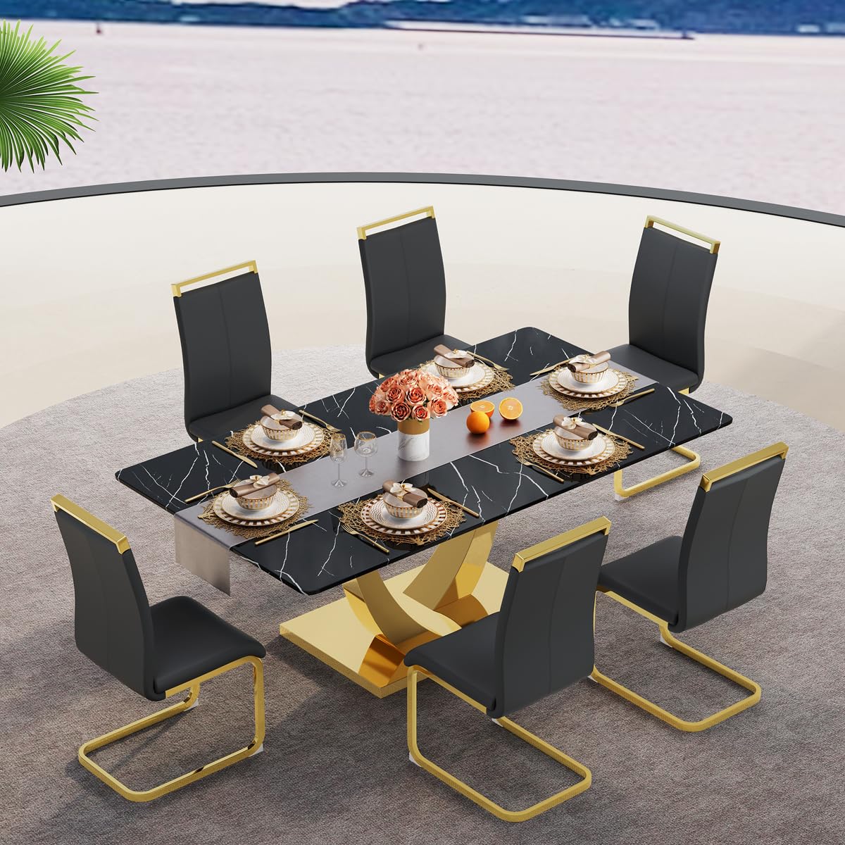 71" Black & Gold Dining Set for 8