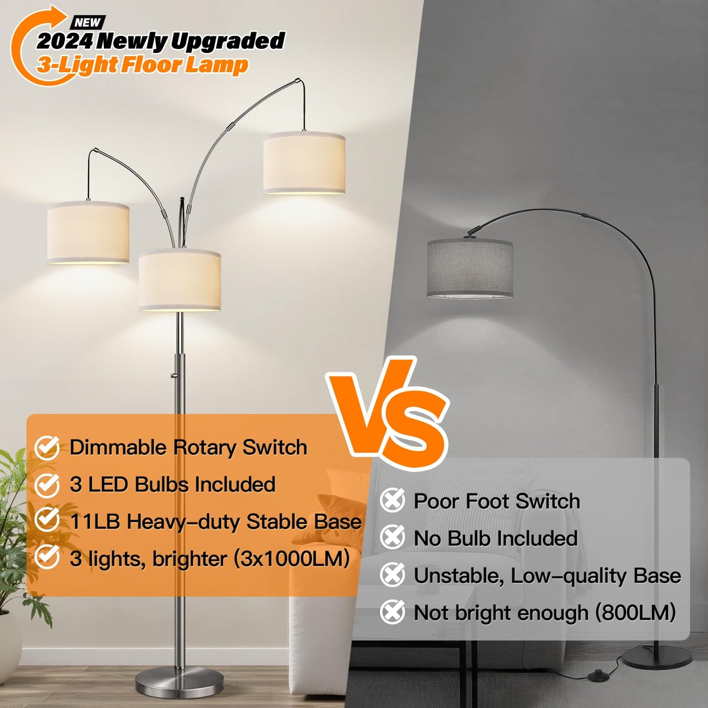 Dimmable 3-Light Arc Floor Lamp