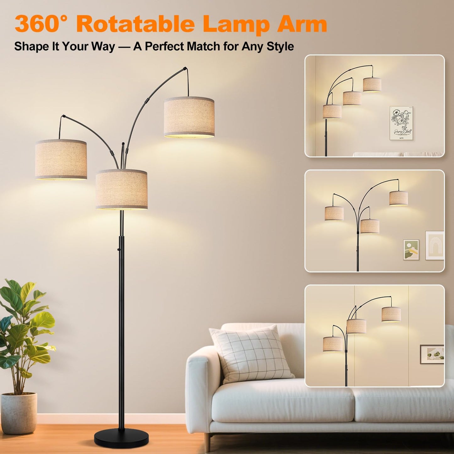 Dimmable 3-Light Arc Floor Lamp
