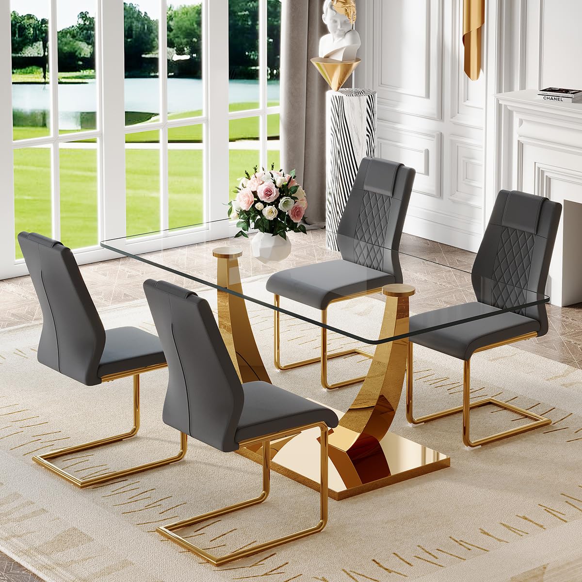 63" Glass Dining Table Set for 4