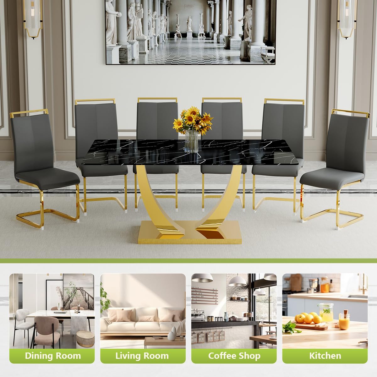 71" Black & Gold Dining Set for 8