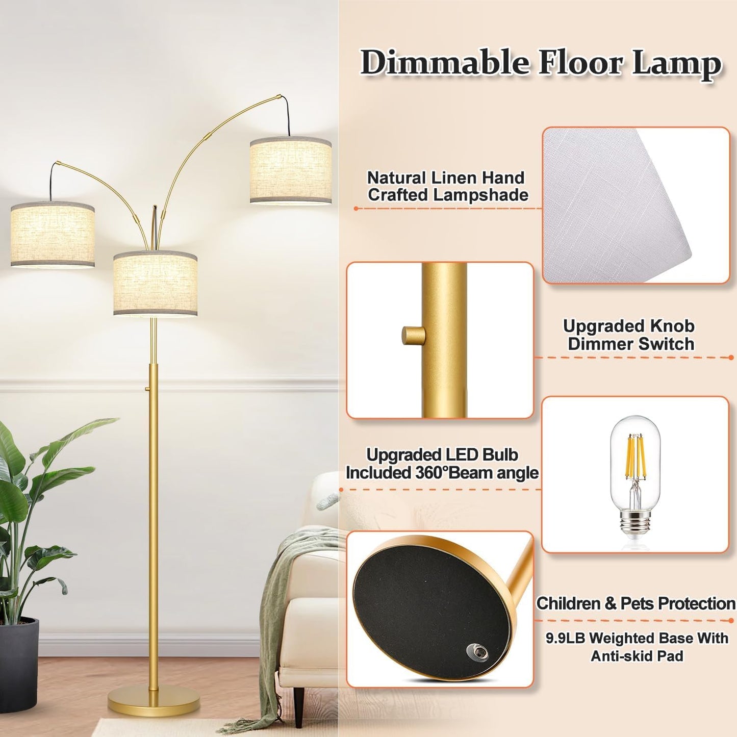Dimmable 3-Light Arc Floor Lamp