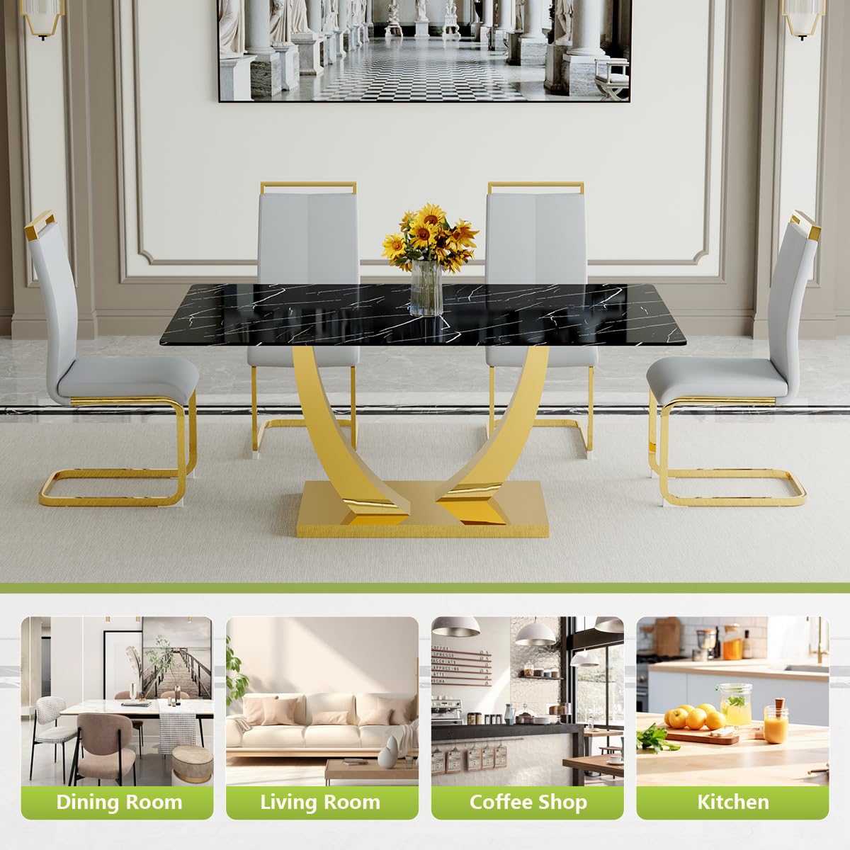 71" Black & Gold Dining Set for 8