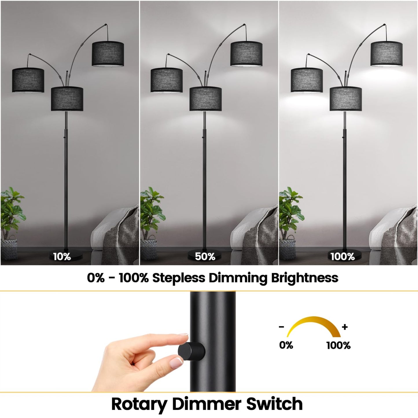 Dimmable 3-Light Arc Floor Lamp