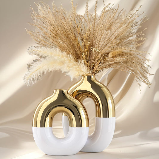 Navy Blue & Gold Ceramic Donut Vase Set