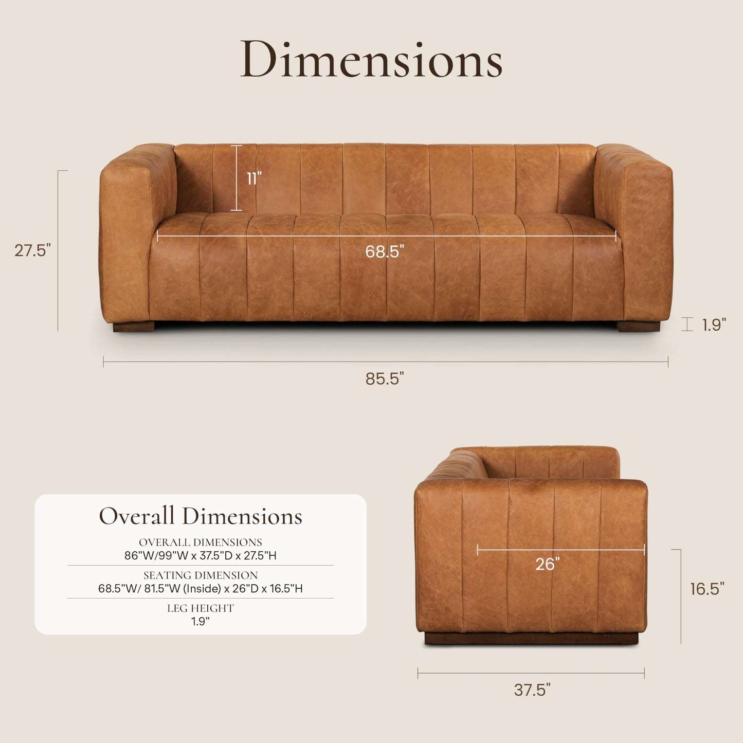 88" Girona Leather Sofa, Cognac Tan
