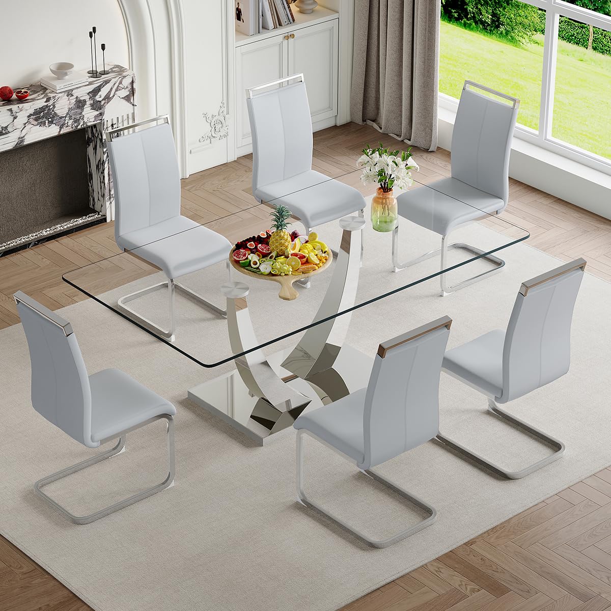71" Glass Dining Table Set for 6