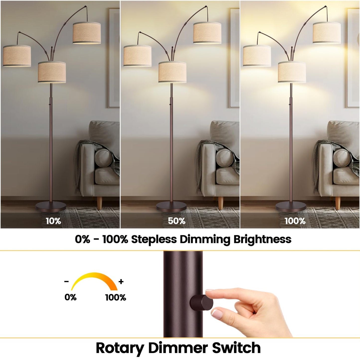 Dimmable 3-Light Arc Floor Lamp