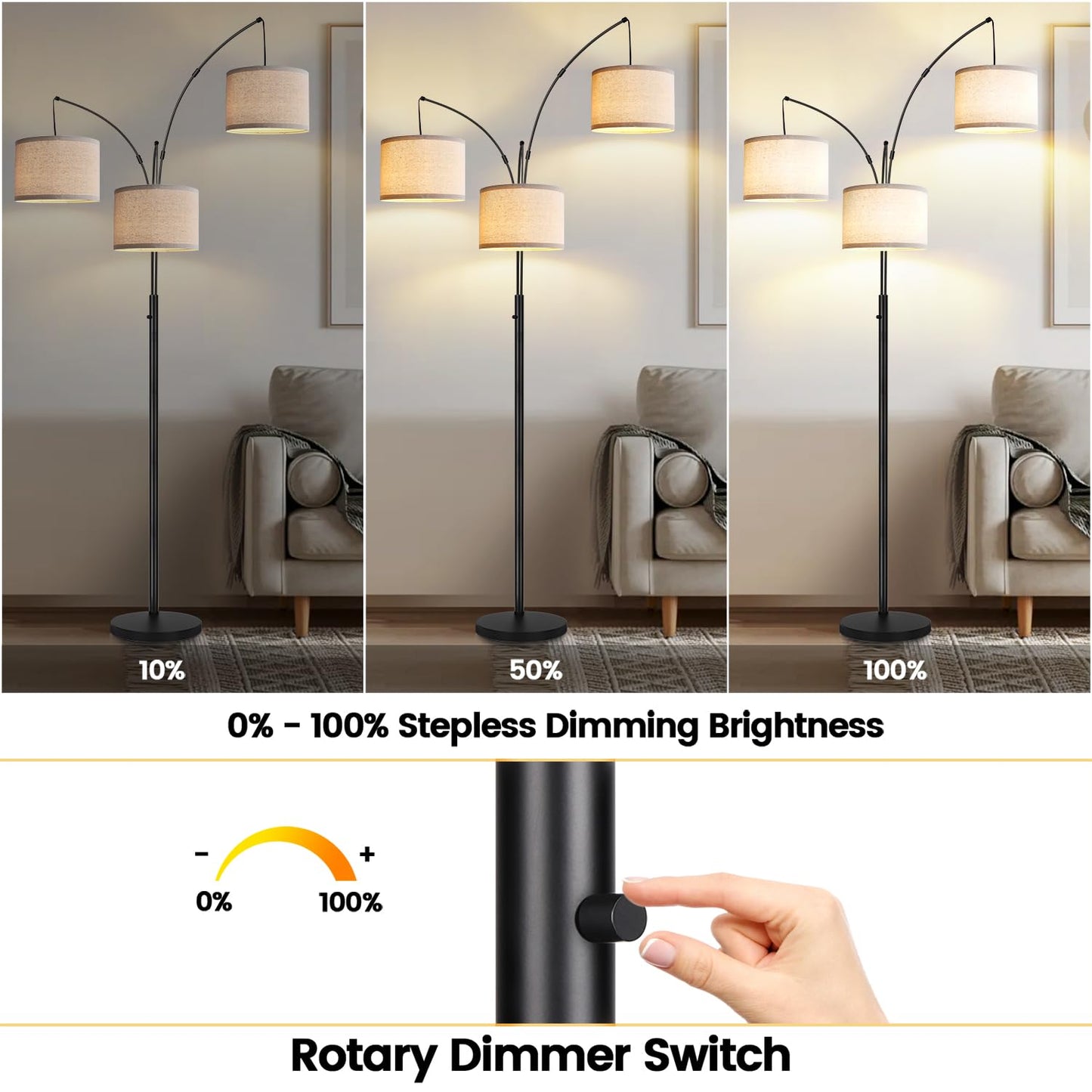 Dimmable 3-Light Arc Floor Lamp