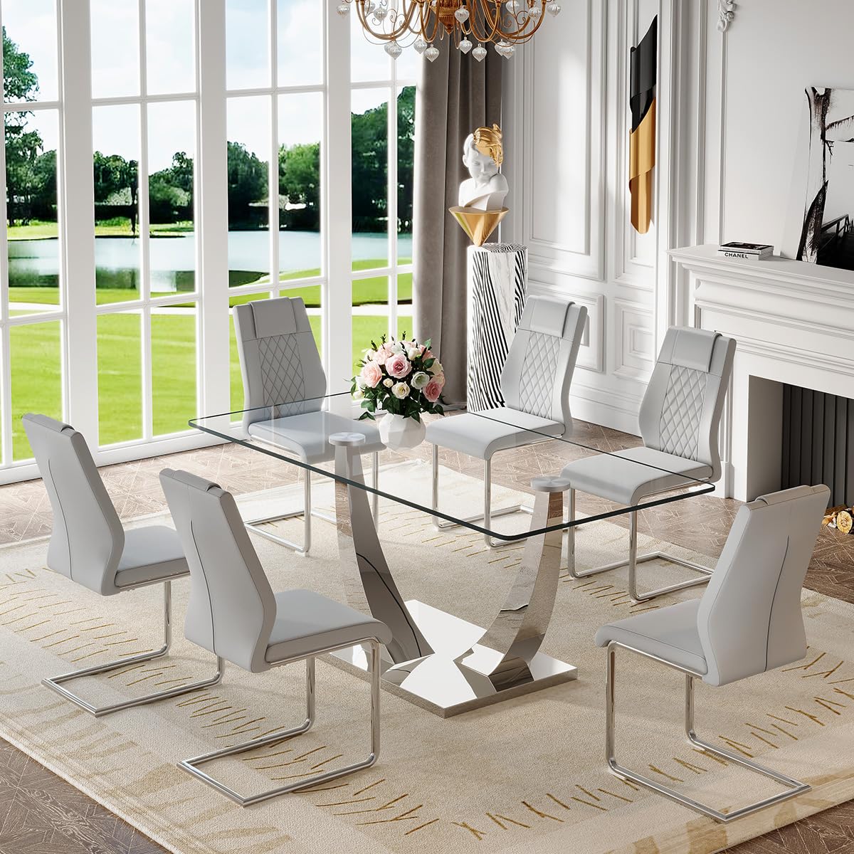 71" Glass Dining Table Set for 6
