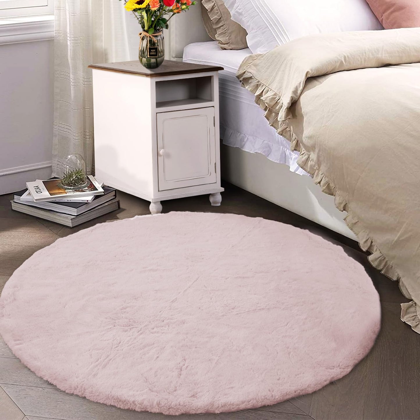 Latepis 3ft White Faux Fur Round Rug