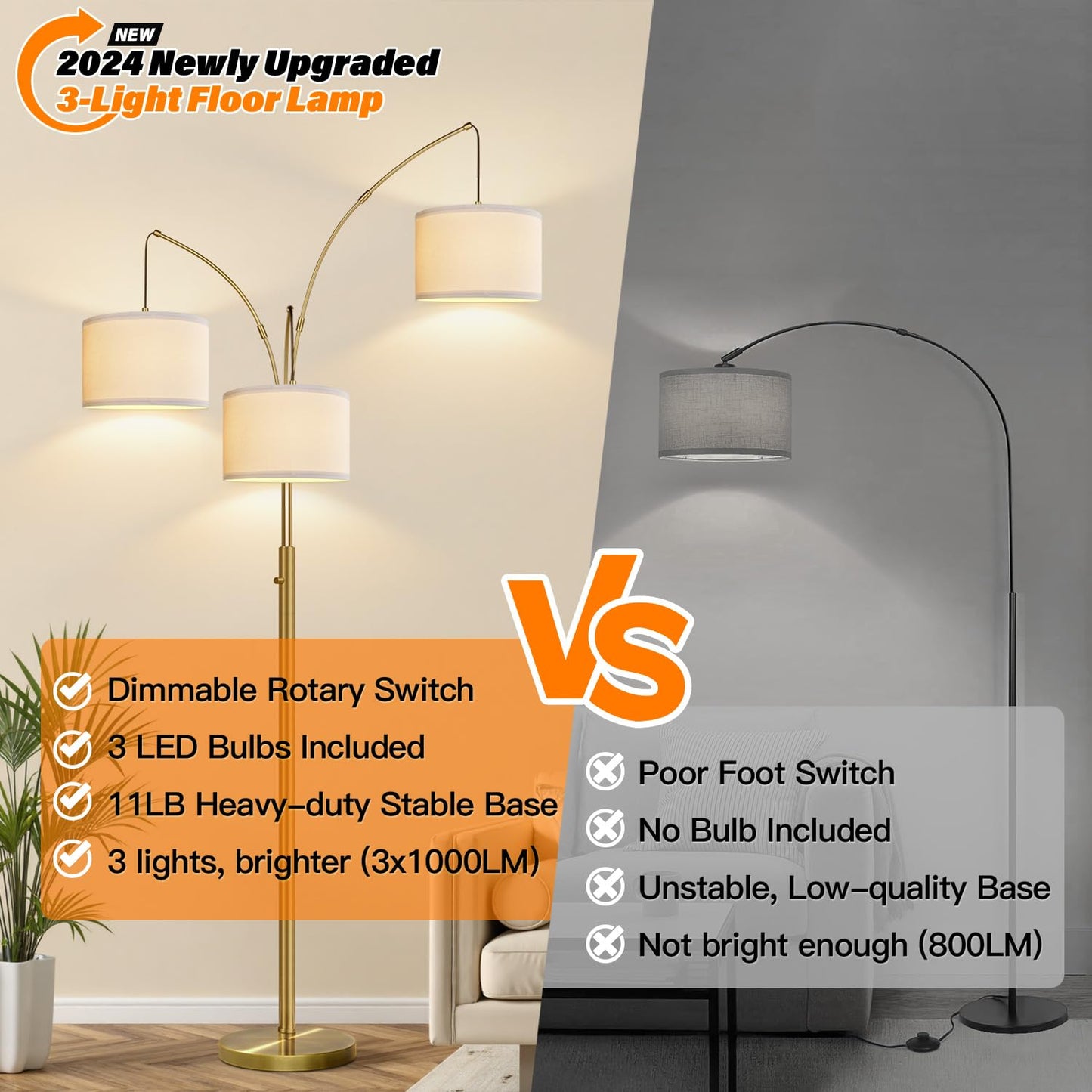 Dimmable 3-Light Arc Floor Lamp