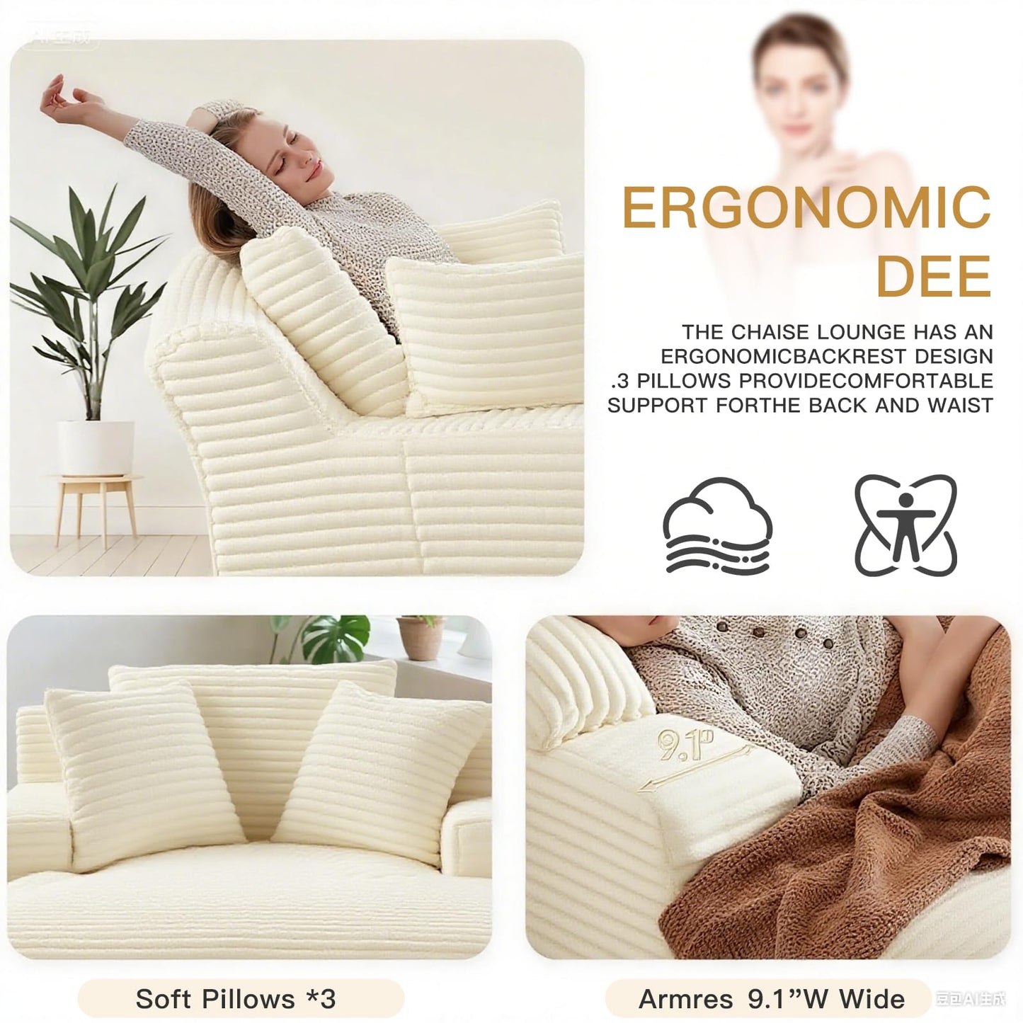 68" Beige Chaise Lounge Chair