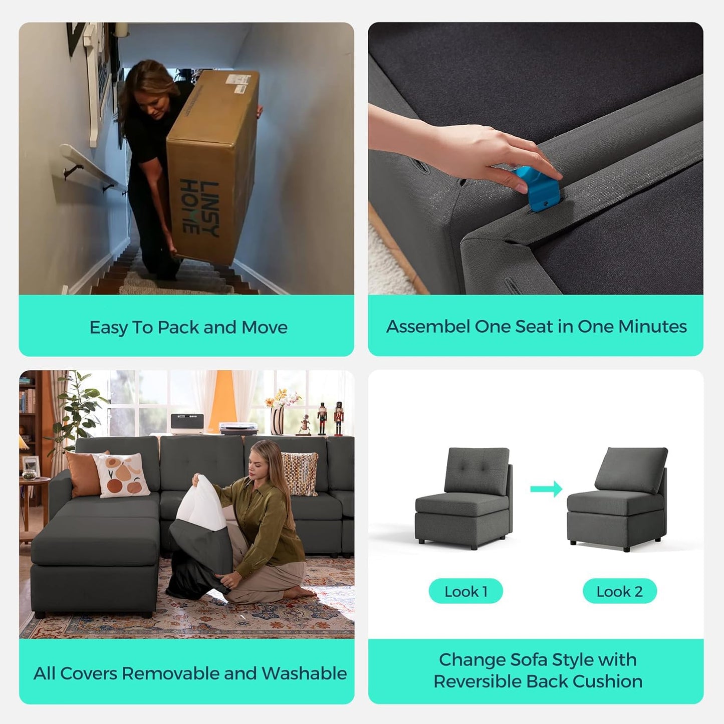 LINSY HOME Modular Sectional Sofa – Dark Gray