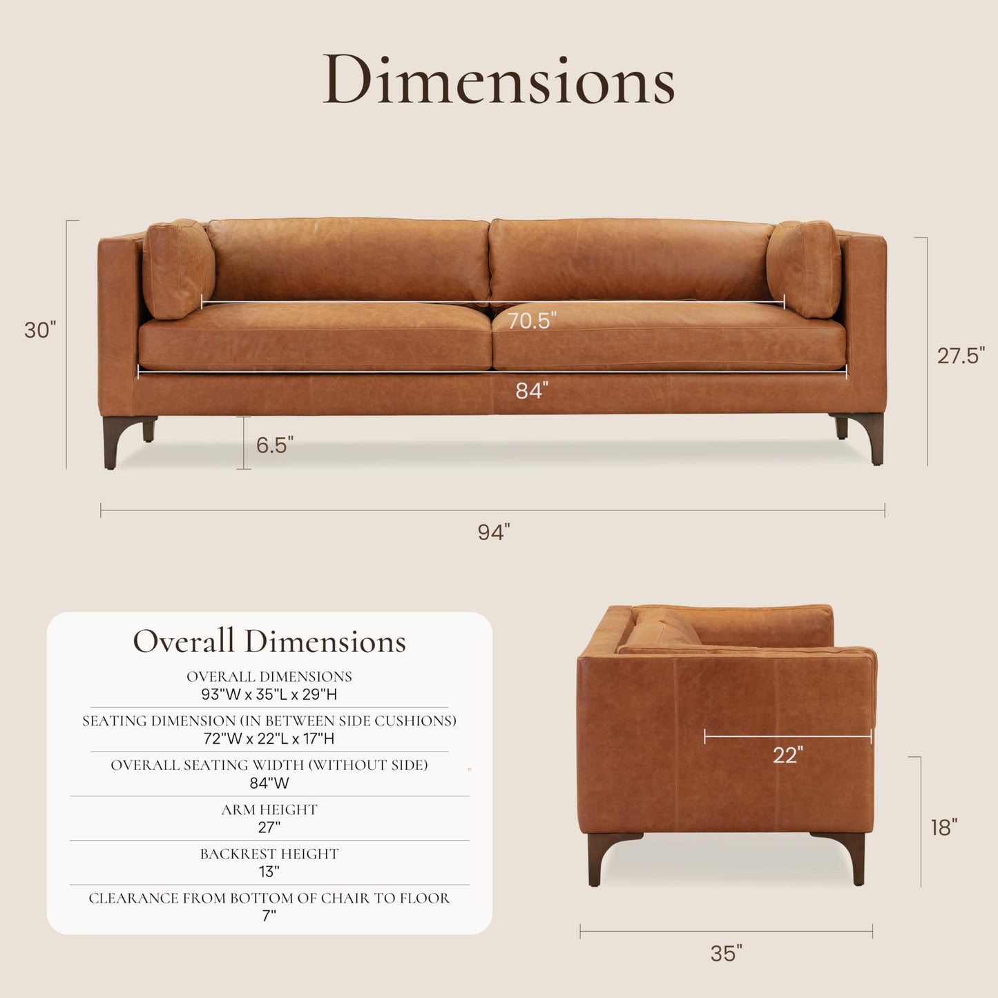 88" Girona Leather Sofa, Cognac Tan