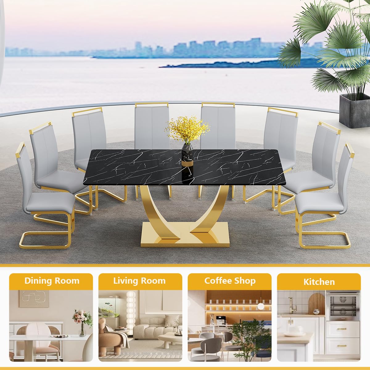 71" Black & Gold Dining Set for 8