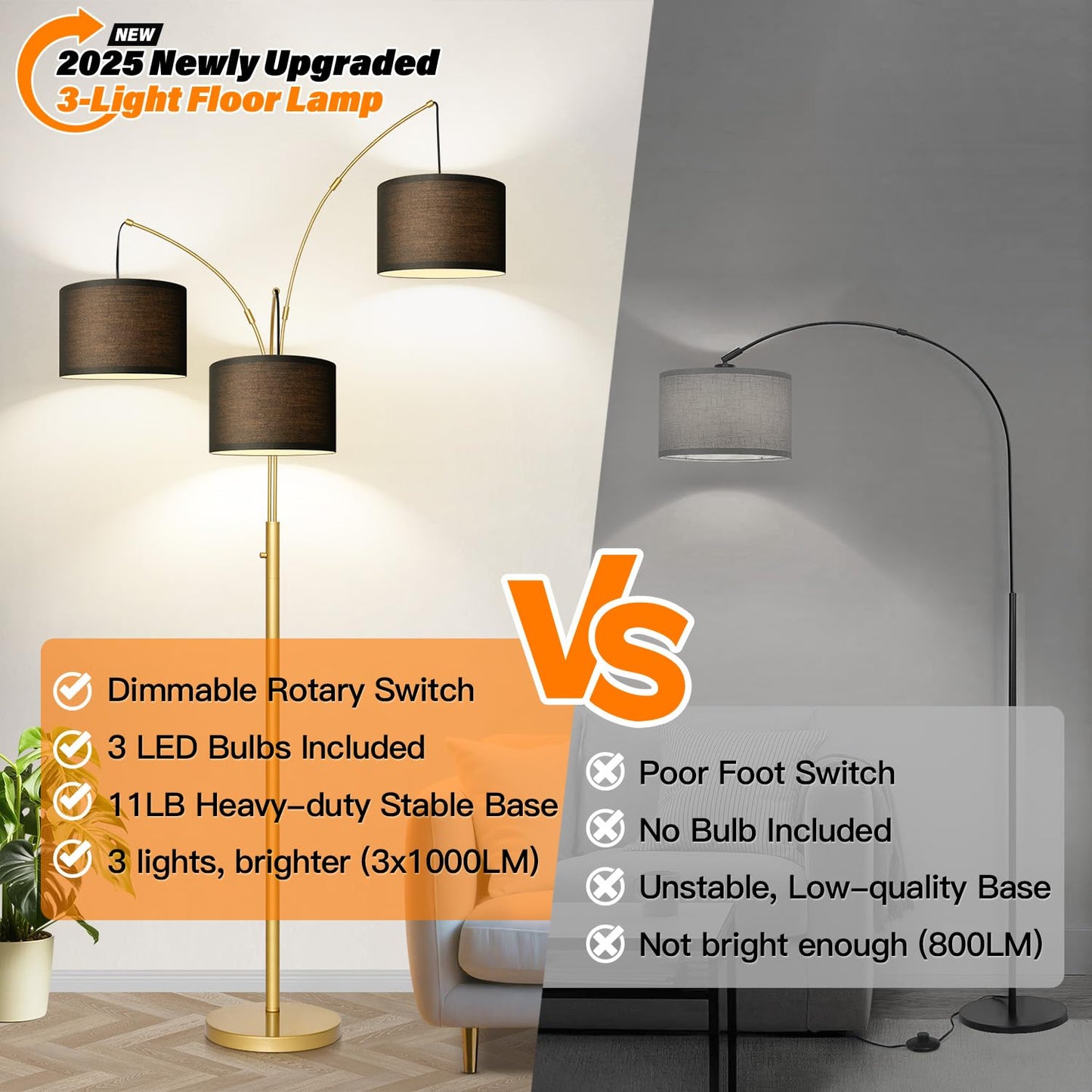 Dimmable 3-Light Arc Floor Lamp