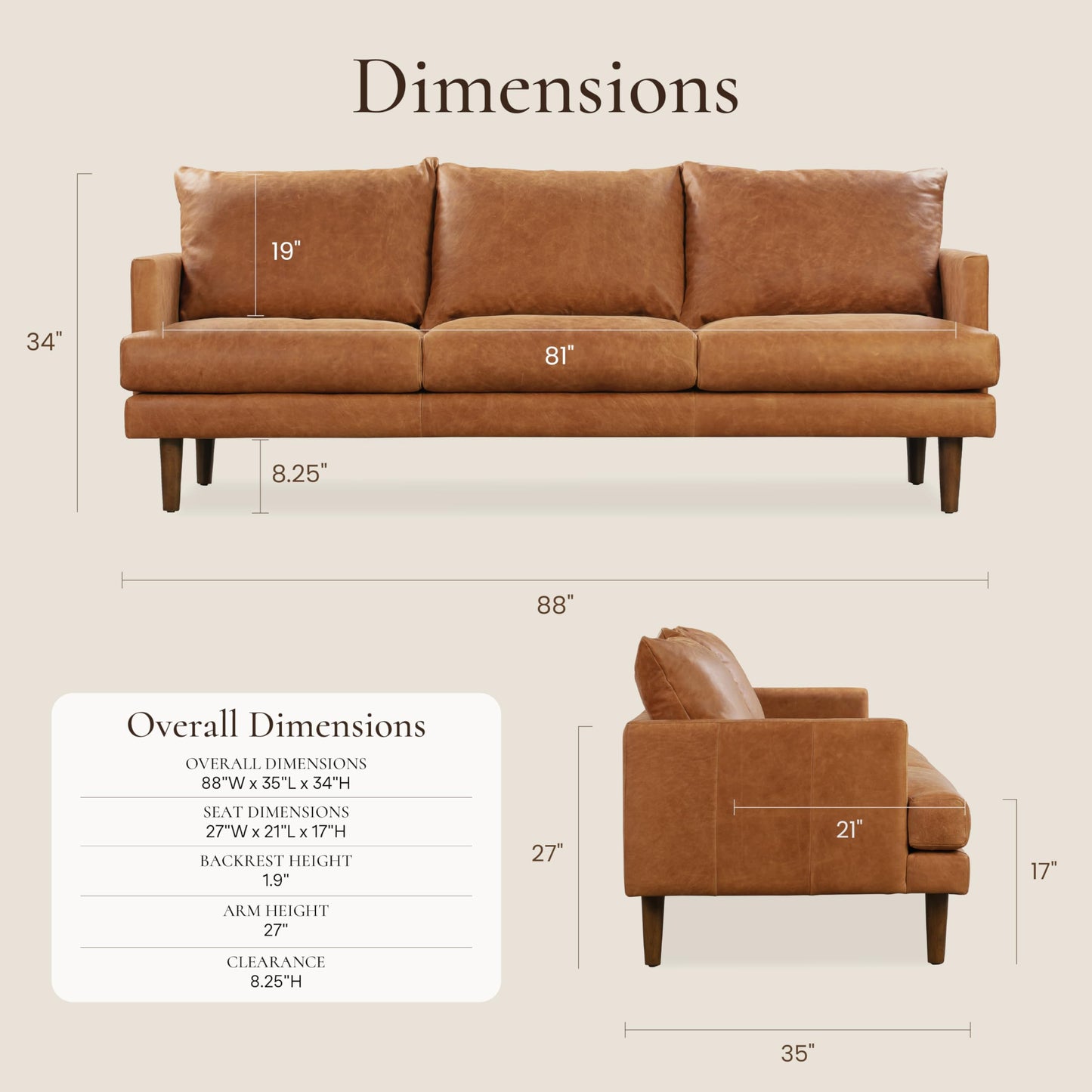 88" Girona Leather Sofa, Cognac Tan