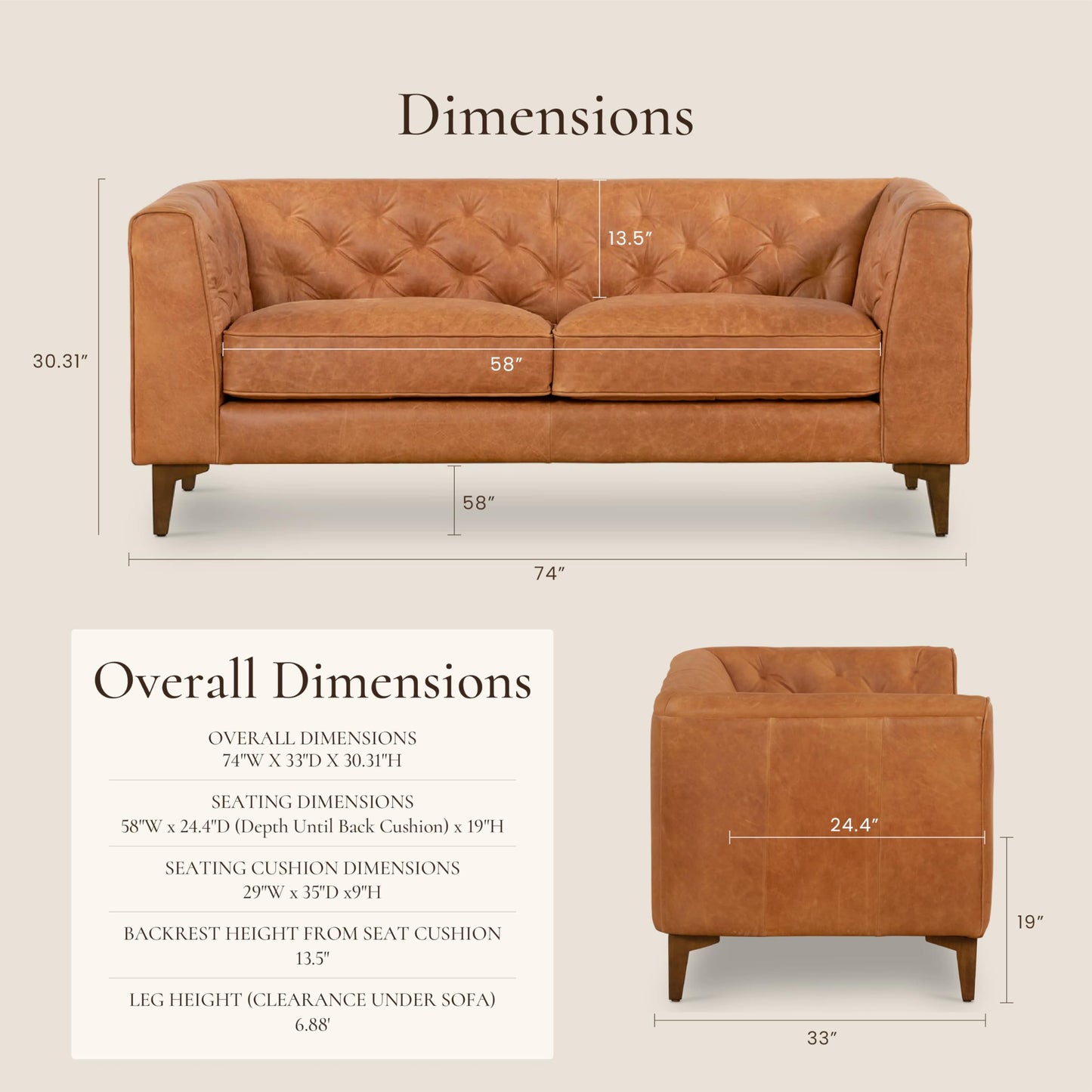 POLY & BARK 74" Leather Sofa – Cognac Tan