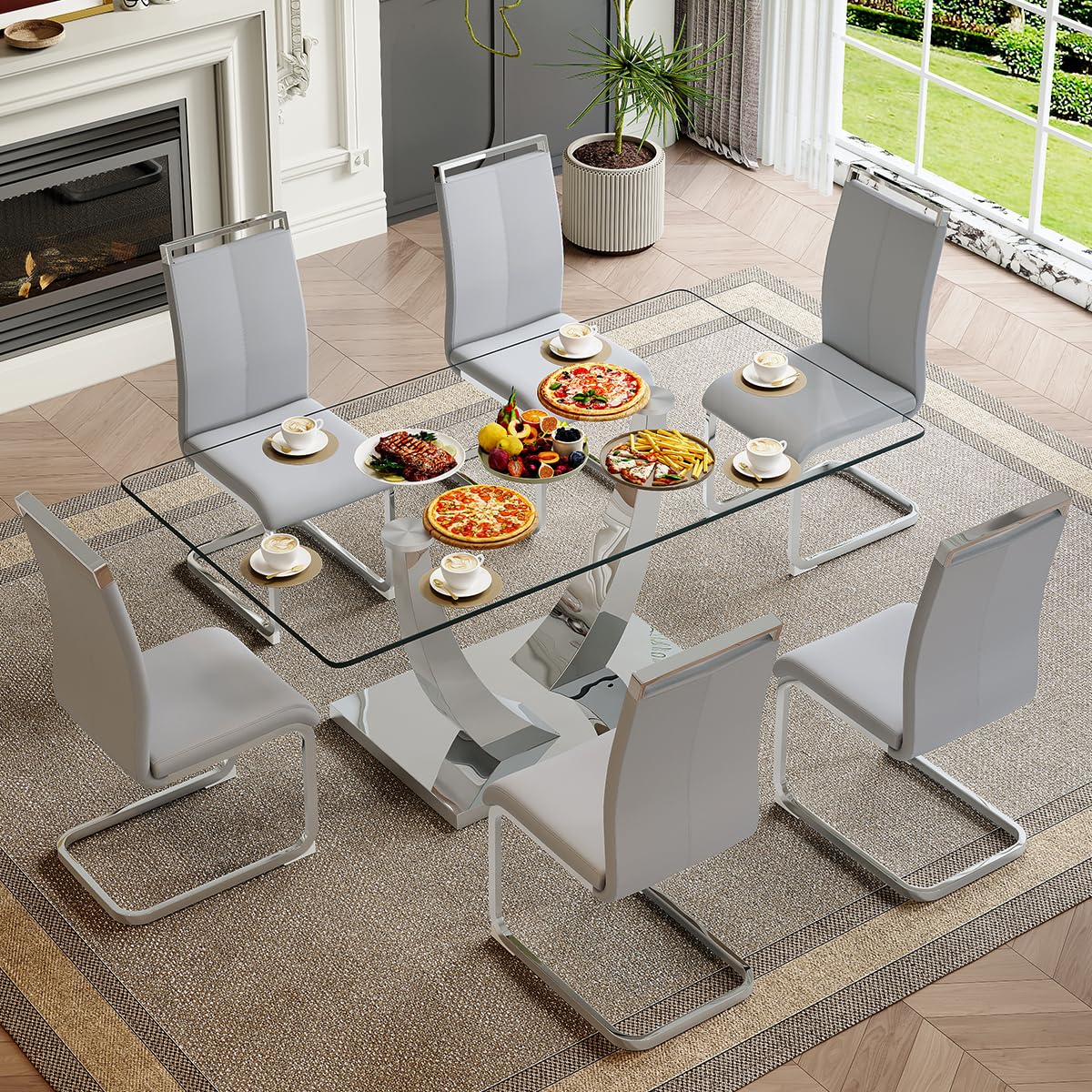 71" Glass Dining Table Set for 6