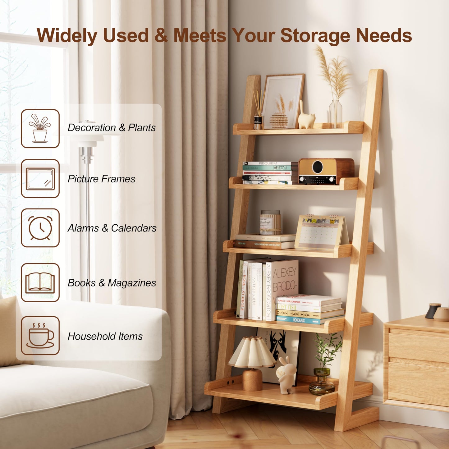 White 5-Tier Wooden Ladder Shelf