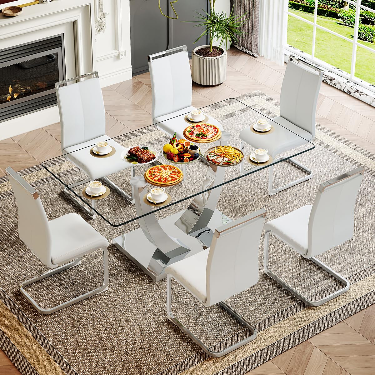 71" Glass Dining Table Set for 6