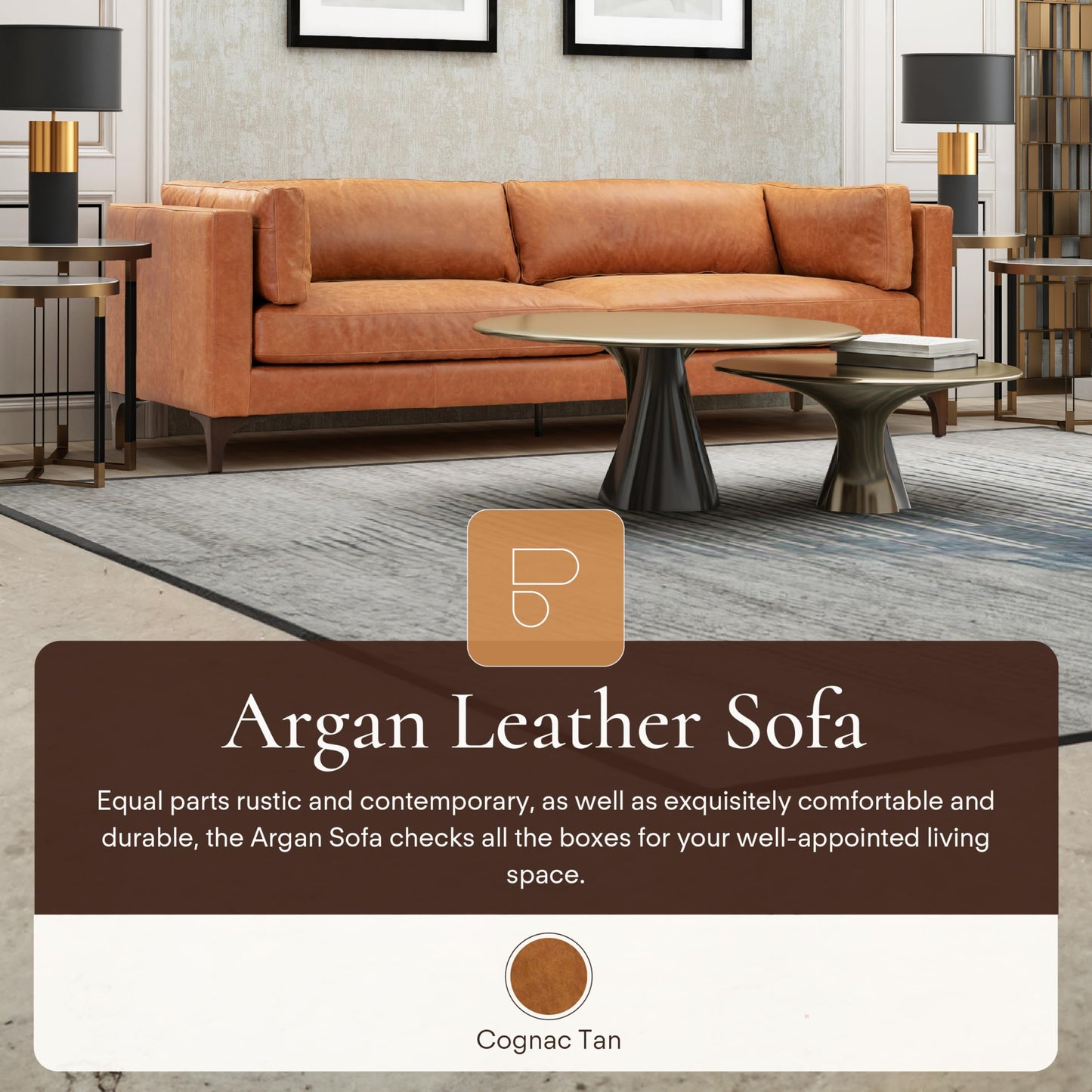 88" Girona Leather Sofa, Cognac Tan