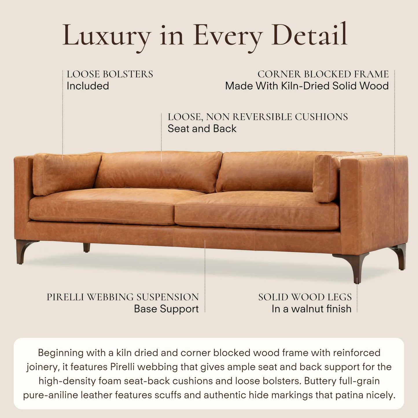 88" Girona Leather Sofa, Cognac Tan