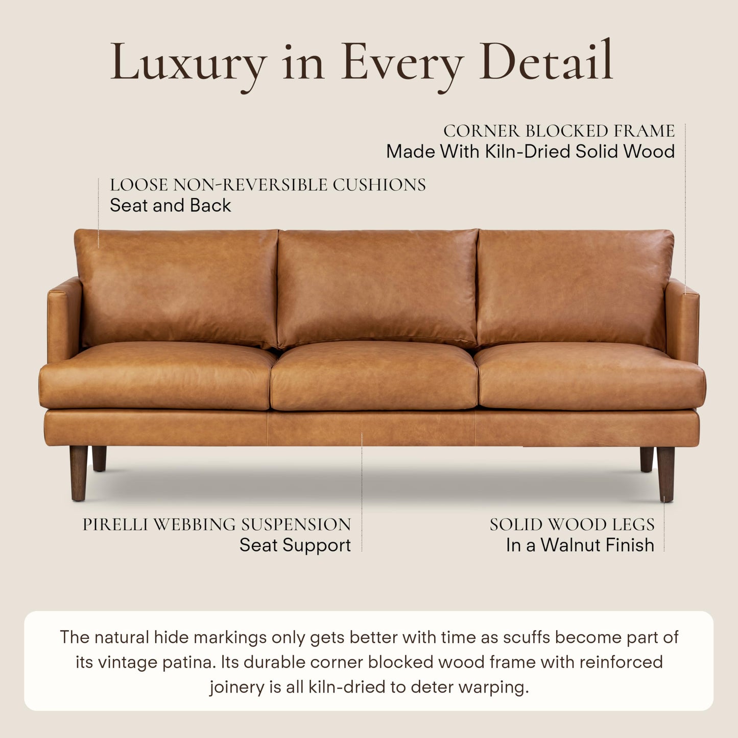 88" Girona Leather Sofa, Cognac Tan
