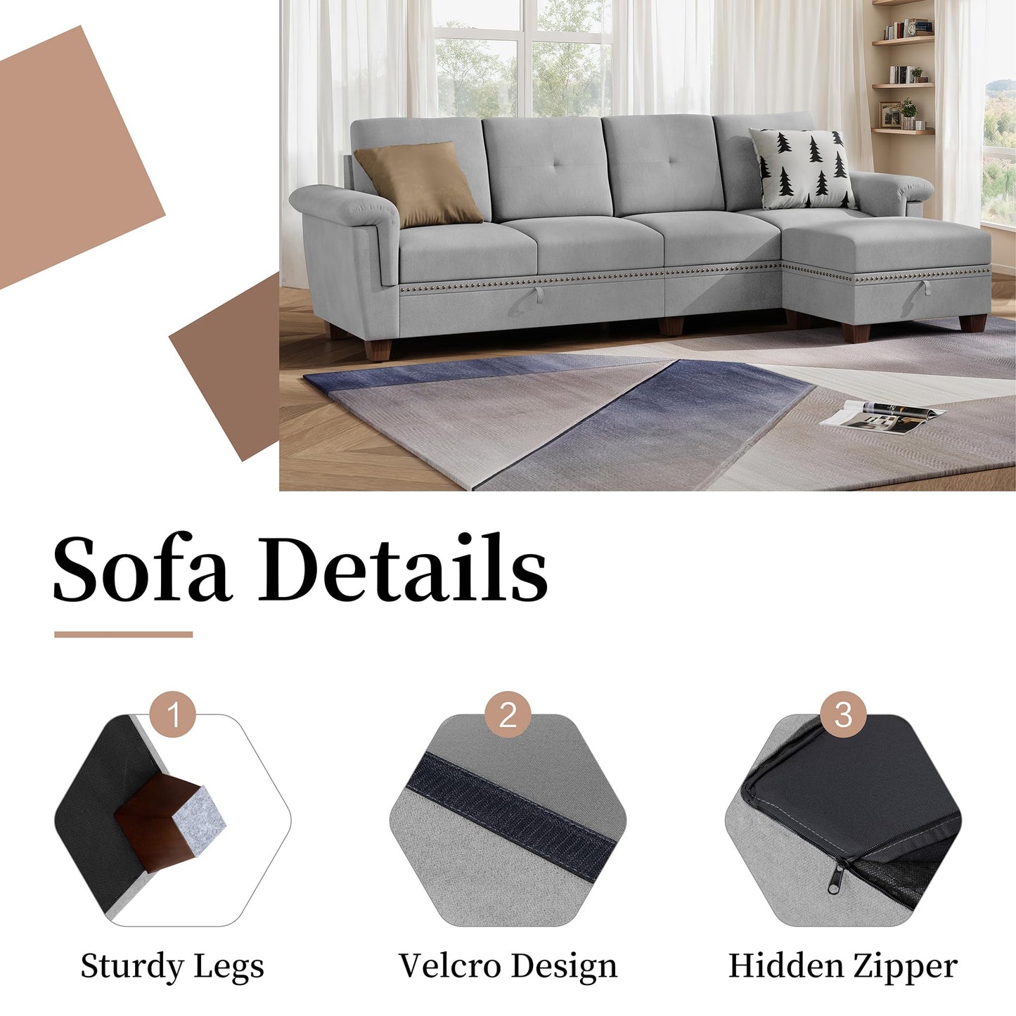 JAMFLY 4-Seat Sectional Sofa – Dark Gray